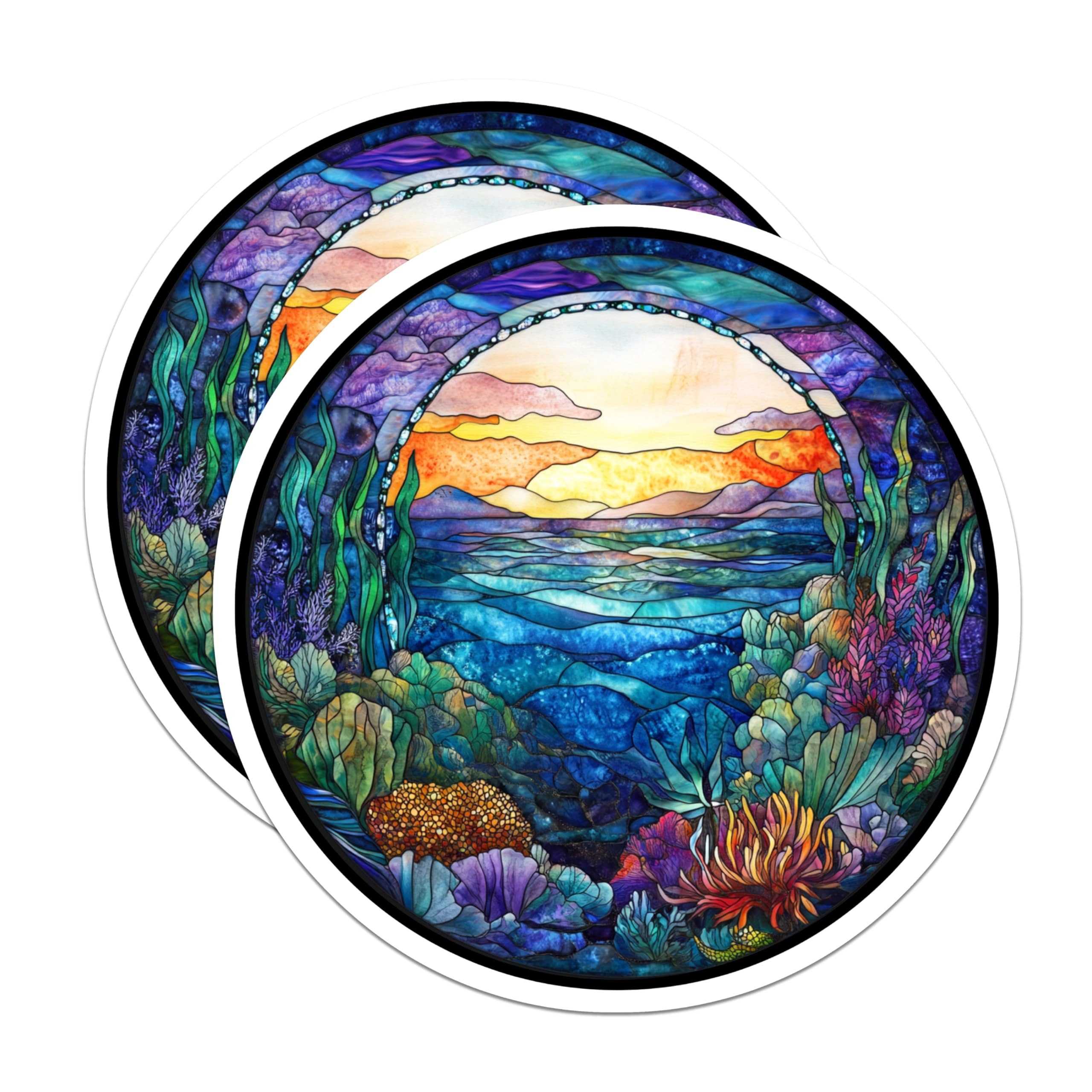 (2 Pack) Stained Glass Ocean Magnets - Vibrant Coral Reef Art - Under the Sea Decor - Ocean Lover Art for Fridge - 5 Inches On Longest Side - Thick Durable Magnet - Made in USA - MAG26364
