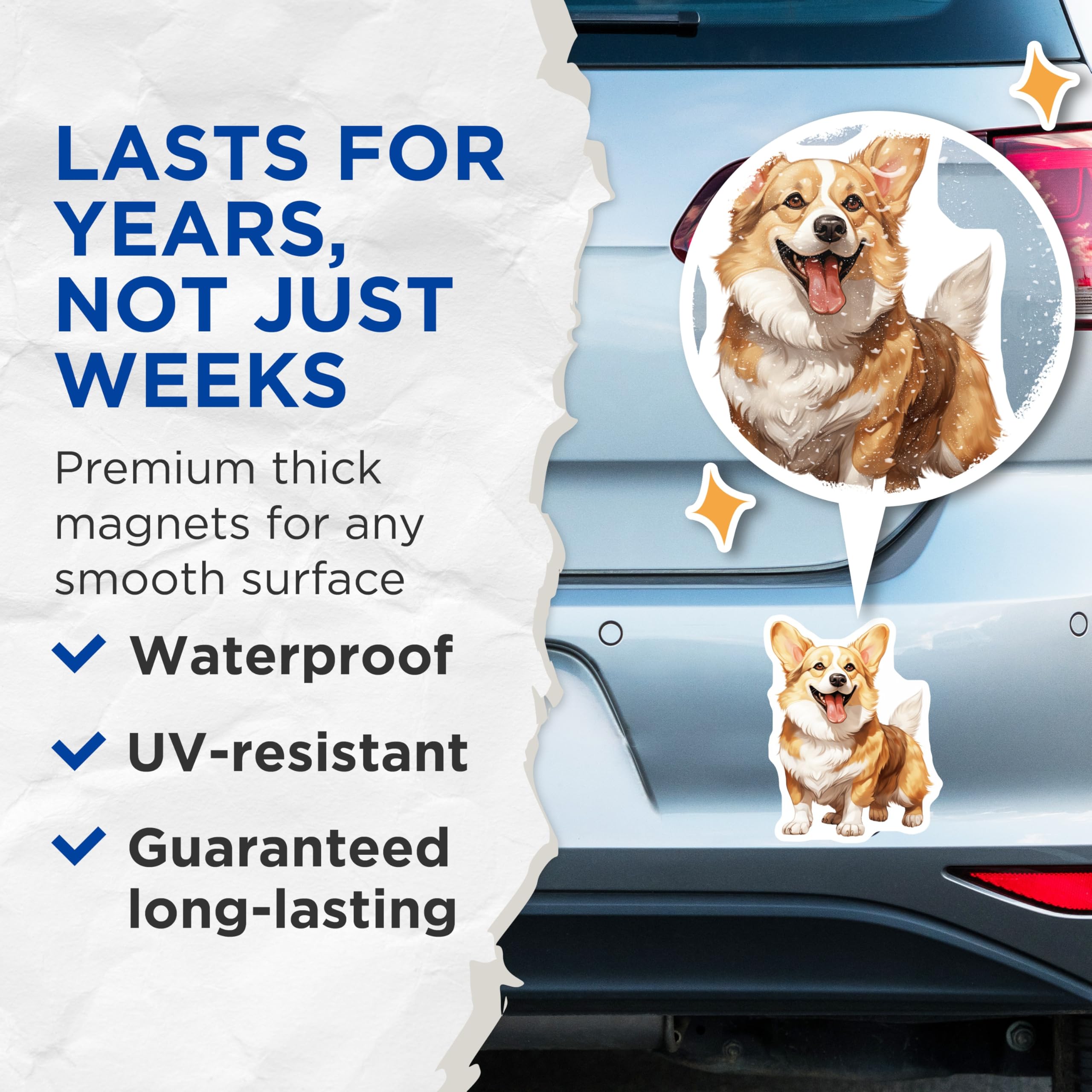 (2 Pack) Happy Corgi Dog Magnets - Cute Pet Lover Fridge Decor - Animal Owner Refrigerator Accessories - 5 Inches On Longest Side - Thick Durable Magnet - Made in USA - MAG29727