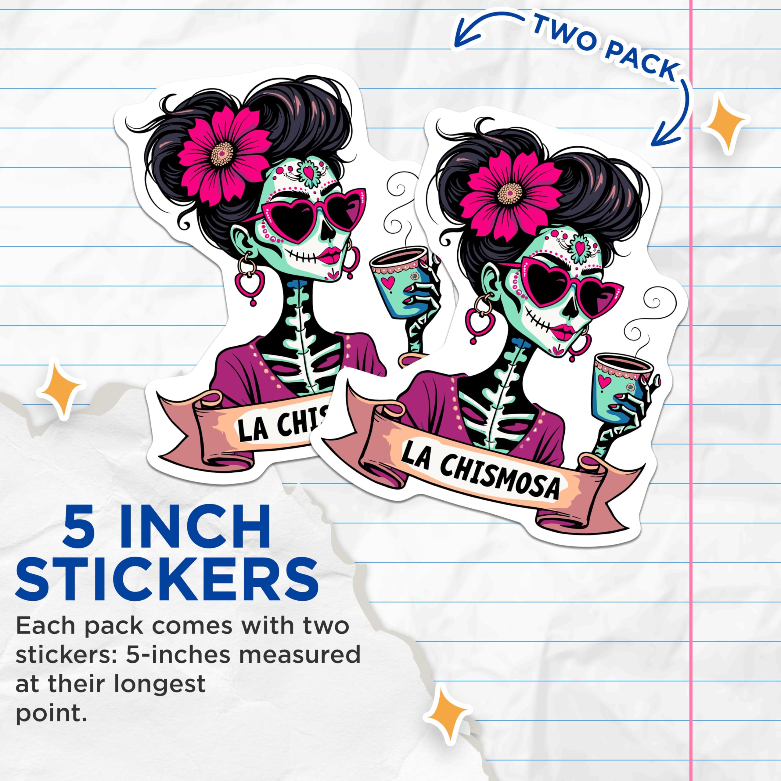 (2 Pack) La Chismosa Day of The Dead Stickers - Sugar Skull Girl - Dia de Los Muertos Art Mexican Culture - 5" On Longest Side - Sticks to Smooth Flat Surfaces - Made in USA - BMCS5606