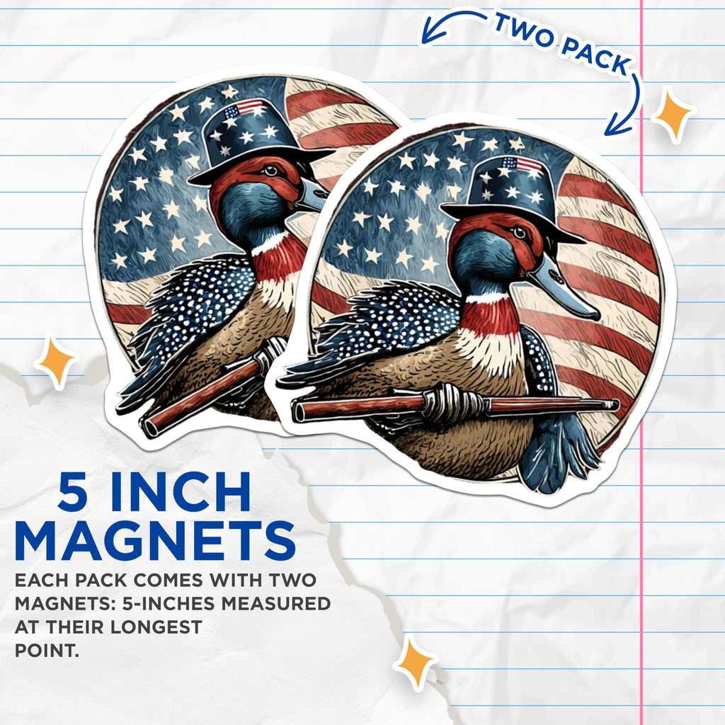 (2 Pack) Patriotic Duck Magnets - American Flag Wildlife Art - Uncle Sam Hunter Decor - 5 Inches On Longest Side - Thick Durable Magnet - Made in USA - MAG21498