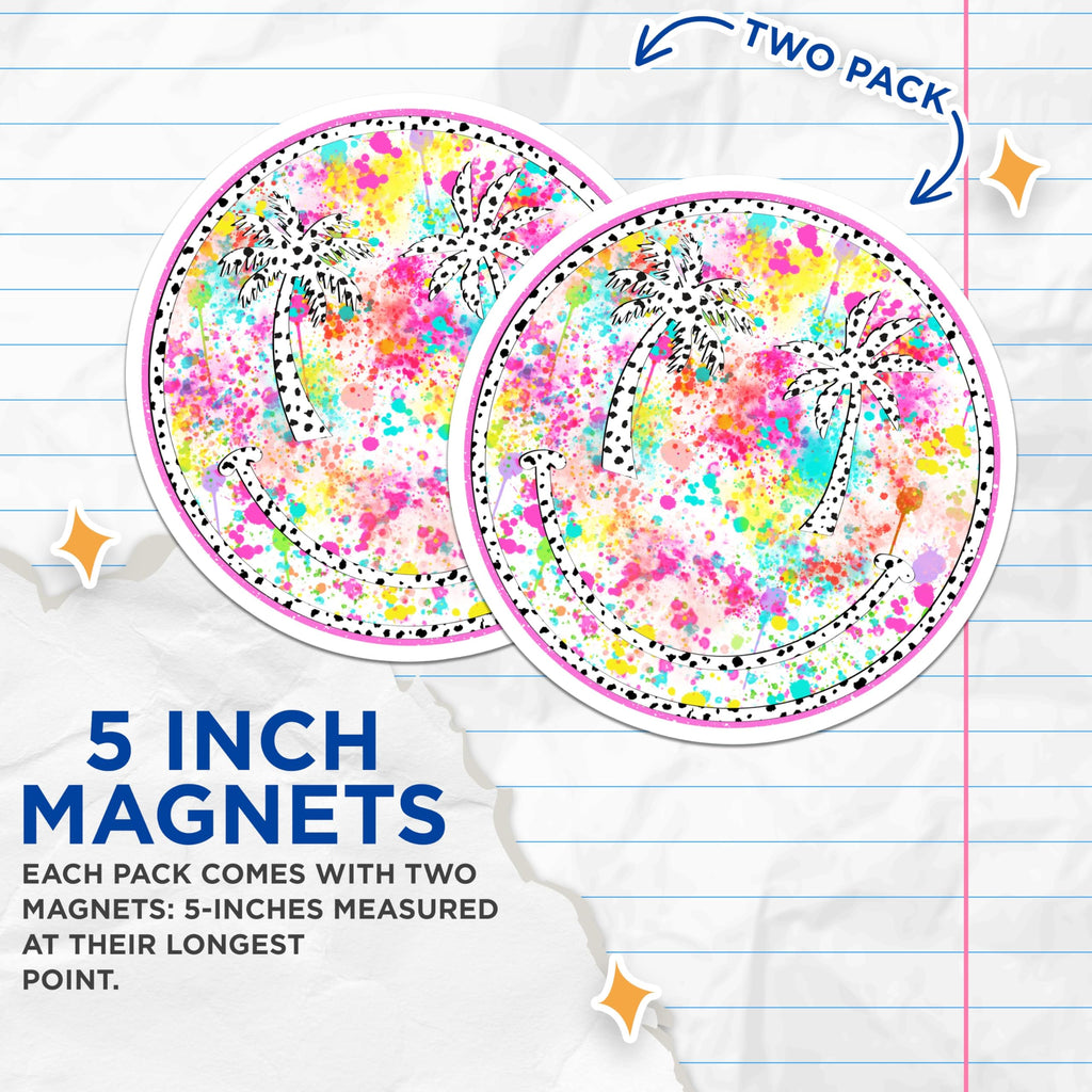 (2 Pack) Vibrant Smiley Magnets - Palm Tree Beach Decor - Colorful Retro Summer Vibes - 5 Inches On Longest Side - Thick Durable Magnet - Made in USA - MAG21123