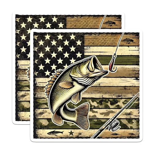 (2 Pack) American Flag Bass Fishing Stickers - Patriotic Decals - USA Angler Enthusiast - 5" On Longest Side - Sticks to Smooth Flat Surfaces - Made in USA - BMCS5699