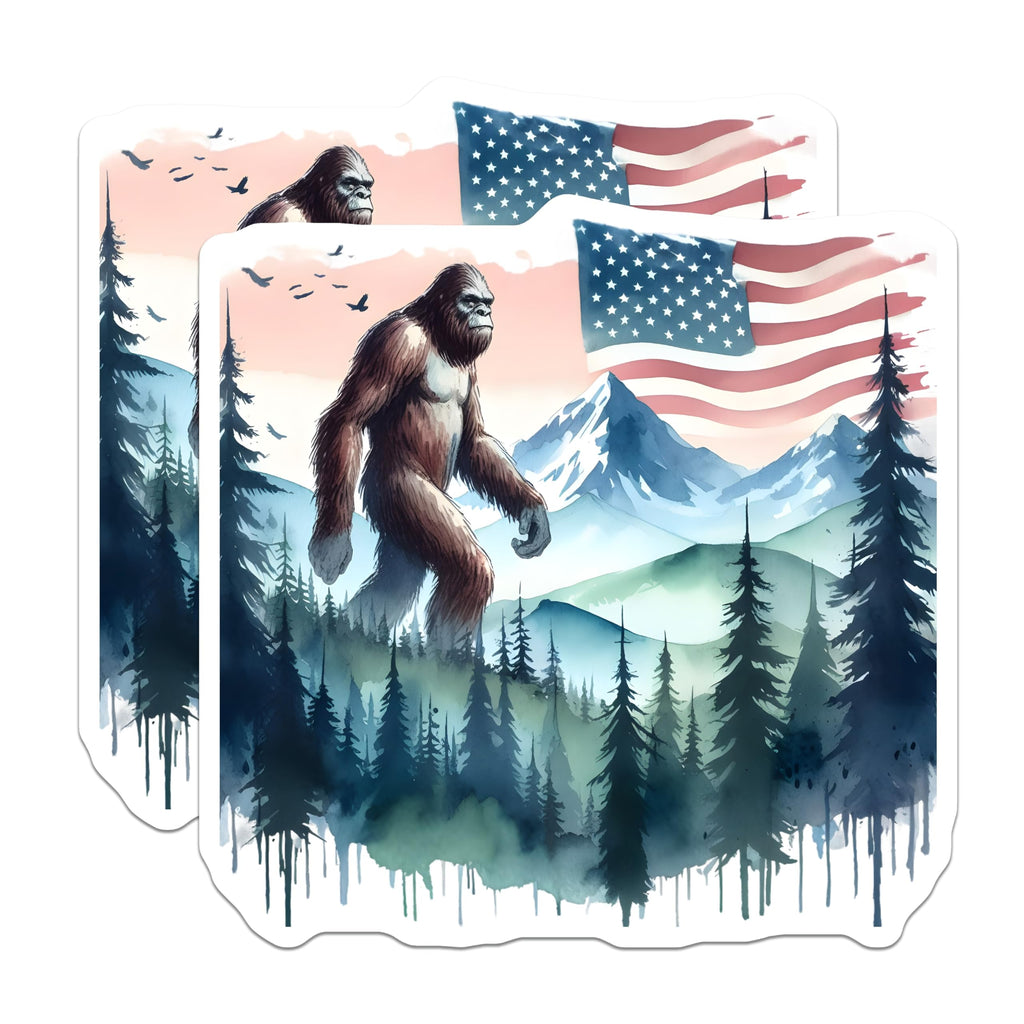 (2 Pack) Bigfoot Magnets - American Flag Sasquatch - Mountain Forest Art Decor - 5 Inches On Longest Side - Thick Durable Magnet - Made in USA - MAG21998