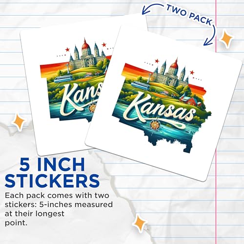 (2 Pack) Kansas State Stickers - Travel Souvenir - Scenic Landscape Decals for Laptops Water Bottles and Notebooks - 5" On Longest Side - Sticks to Smooth Flat Surfaces - Made in USA - BMCS5123