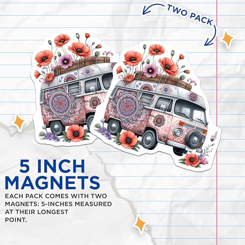 (2 Pack) Boho Flower Van Magnets Magnets - Retro Camper Van Decoration - Hippie Style Floral Van Art - 5" On Longest Side - Made in USA - Sticks to Refrigerators & Metal Surfaces - MAG8880