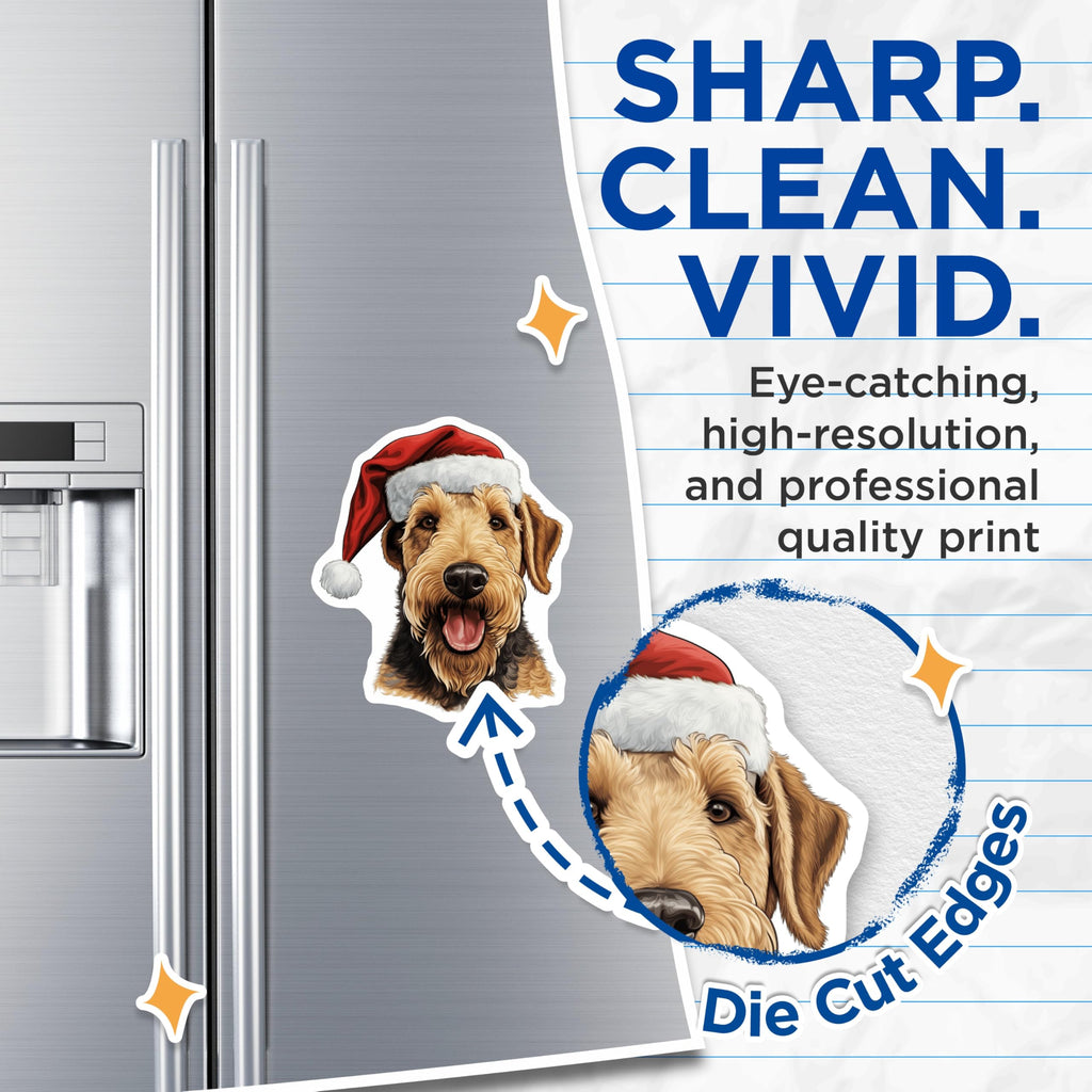 (2 Pack) Airedale Terrier Christmas Magnets - Dog Santa Hat Decor - Pet Holiday Adornments - 5 Inches On Longest Side - Thick Durable Magnet - Made in USA - MAG27365