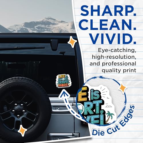 (2 Pack) Life is Short Travel More Stickers - Wanderlust Quote - Adventure Lifestyle Stickers - 5" On Longest Side - Sticks to Smooth Flat Surfaces - Made in USA - BMCS5792