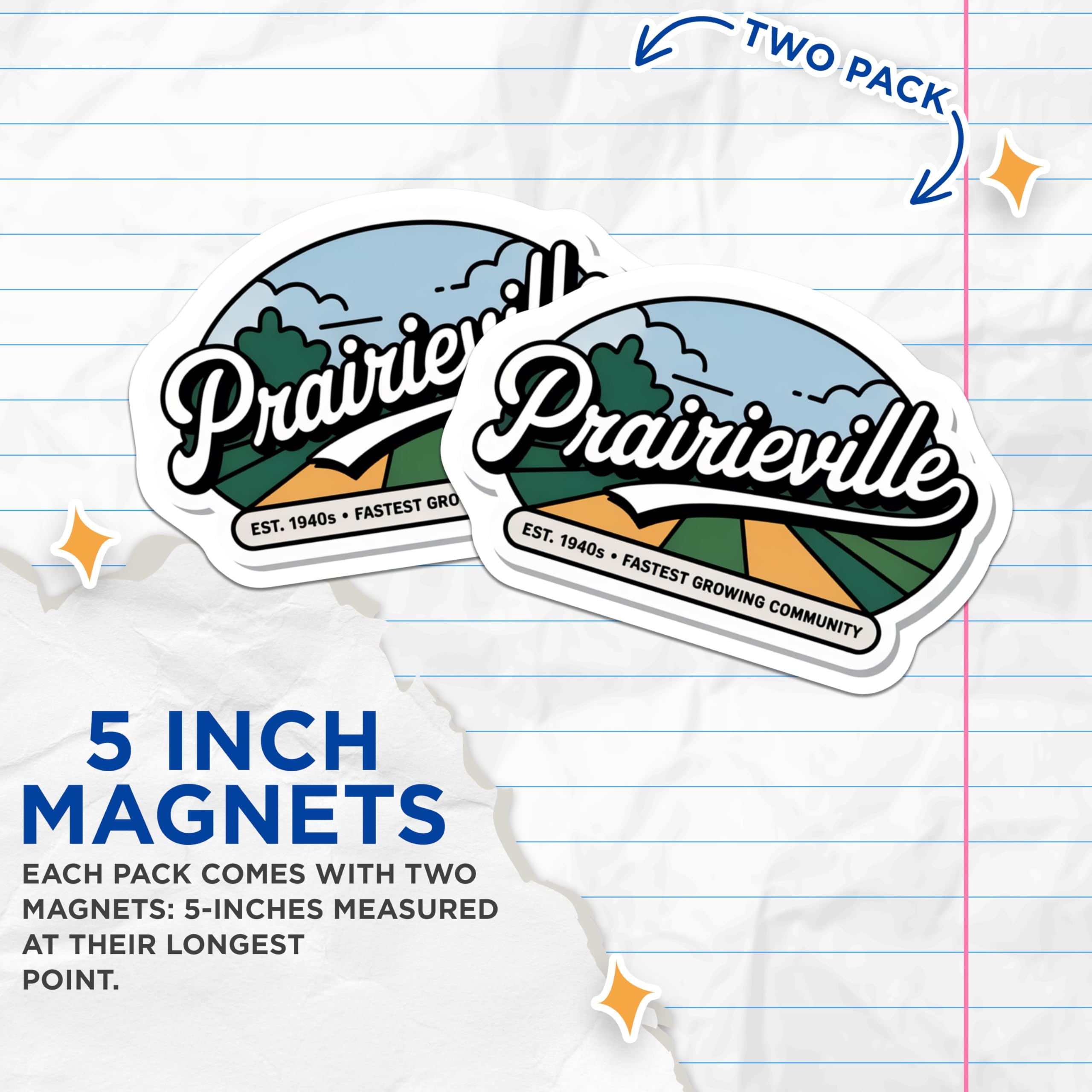 (2 Pack) Prairieville Magnets - Est 1940s Community Souvenir - Fastest Growing Hometown Decor - 5 Inches On Longest Side - Thick Durable Magnet - Made in USA - MAG19194