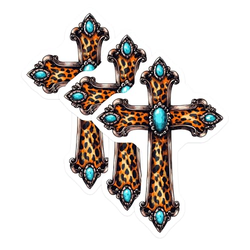 (3 Pack) Leopard Cross Decals - Turquoise Jewels - Religious Decor - 3 Inches On Longest Side - Easy Peel & Apply - Made in USA - 3MCS7494