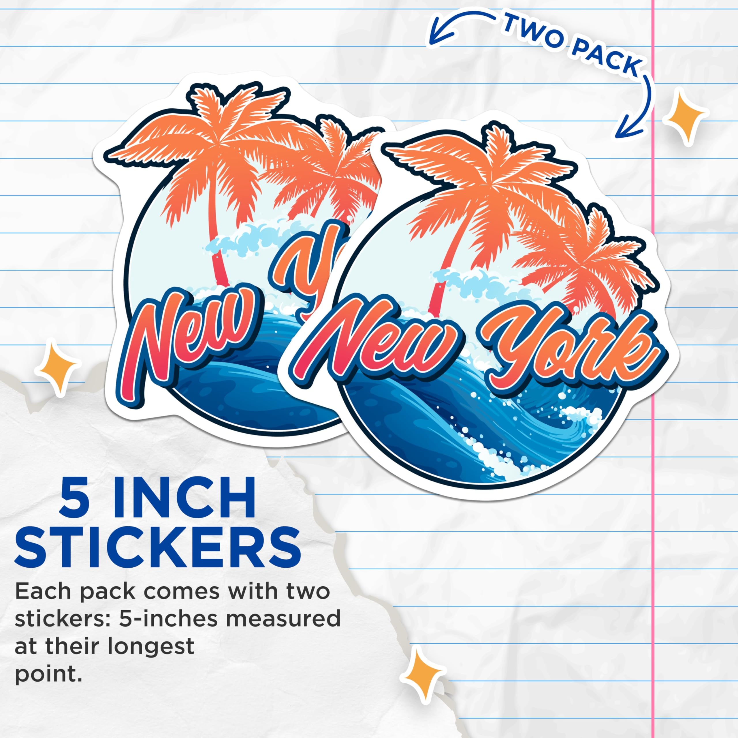 (2 Pack) New York Stickers - Tropical Palm Tree - Ocean Waves Souvenir - 5" On Longest Side - Sticks to Smooth Flat Surfaces - Made in USA - BMCS17856