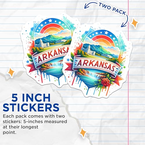 (2 Pack) Arkansas State Waterfall Stickers - Scenic Nature Decal - Travel Souvenir - 5" On Longest Side - Sticks to Smooth Flat Surfaces - Made in USA - BMCS6923