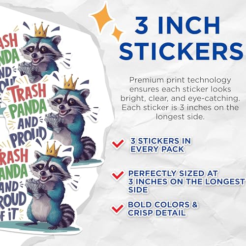(3 Pack) Trash Panda Decals - Funny Raccoon Stickers - Laptop Decals - 3 Inches On Longest Side - Easy Peel & Apply - Made in USA - 3MCS0895