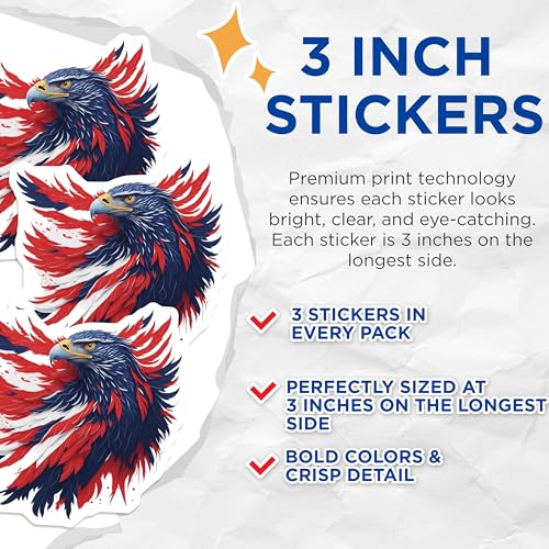 (3 Pack) Patriotic Eagle Decals - American Flag - Laptop Decal- 3 Inches On Longest Side - Easy Peel & Apply - Made in USA - 3MCS5529