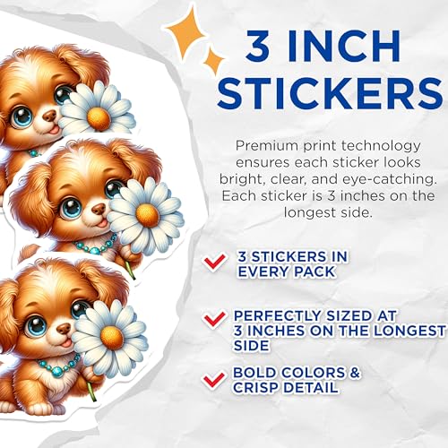(3 Pack) Cute Puppy Decals - Daisy Flower Dog Decal - Laptop Decal - 3 Inches On Longest Side - Easy Peel & Apply - Made in USA - 3MCS8334