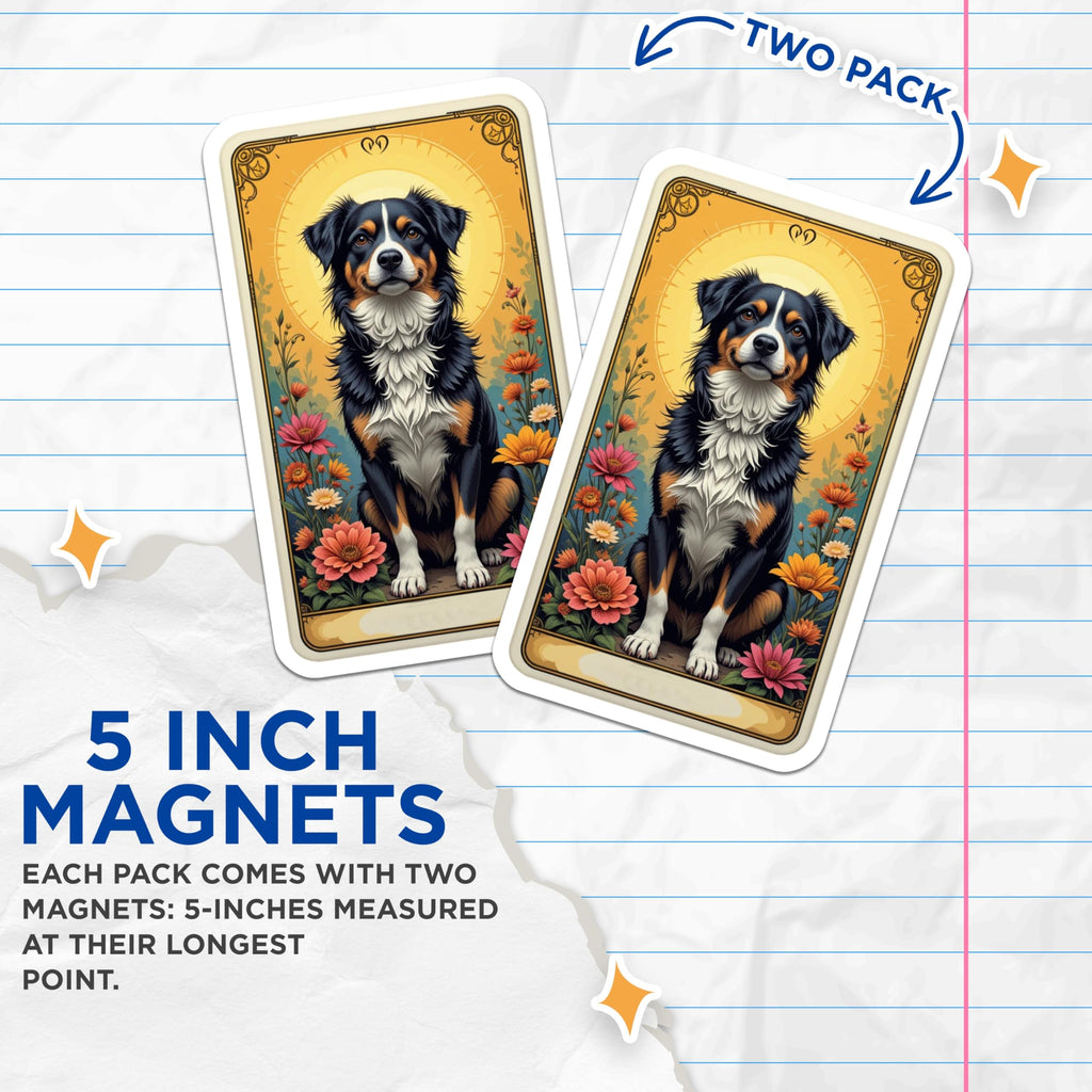 (2 Pack) Bernese Mountain Dog Magnets - Tarot Card Dog Art - Floral Dog Lover Decor - 5 Inches On Longest Side - Thick Durable Magnet - Made in USA - MAG23145