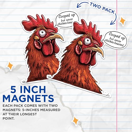 (2 Pack) Funny Chicken Magnets - Quirky Rooster Magnets - Chicken Decor Magnets for Kitchen- 5" On Longest Side - for Fridges, Toolboxes, Cars - Made in USA - MAG2606