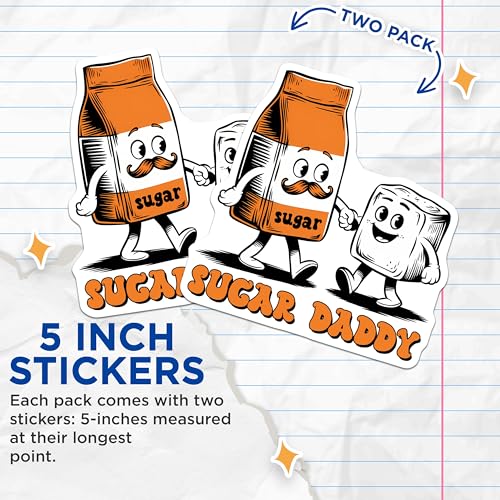 (2 Pack) Sugar Daddy Stickers - Fun Novelty - Cute Car Decal - Unique Laptop - Illustration - 5" On Longest Side - Sticks to Smooth Flat Surfaces - Made in USA - BMCS7625