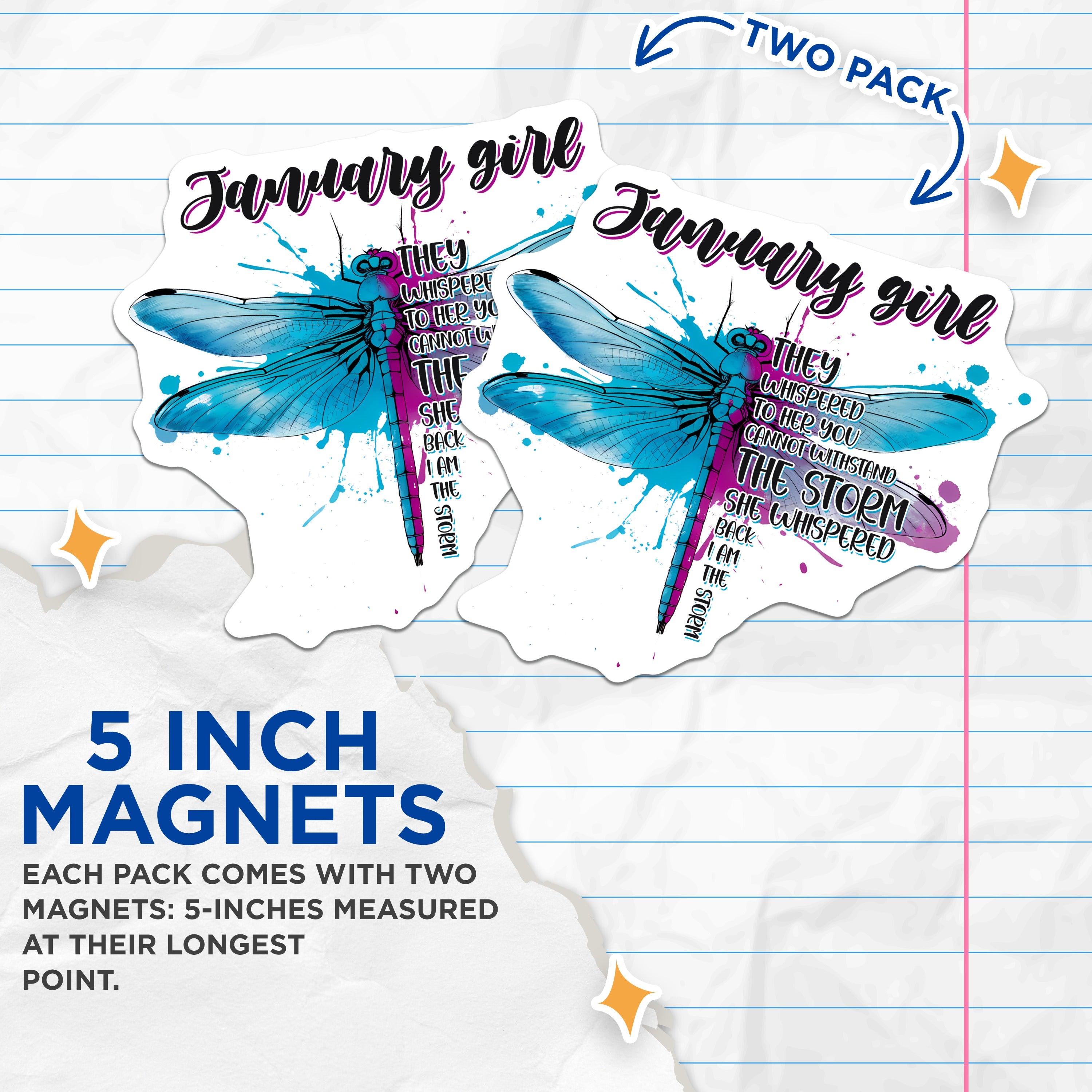 (2 Pack) January Girl Magnets - Inspirational Storm Quote Dragonfly Art - Birth Month Affirmation Decor - 5 Inches On Longest Side - Thick Durable Magnet - Made in USA - MAG39113