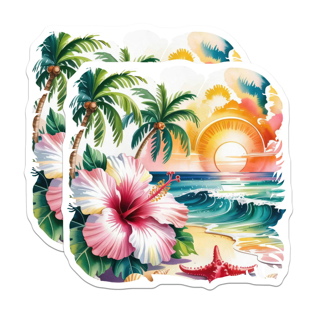 (2 Pack) Tropical Beach Scene Magnets - Vibrant Hawaii Ocean Sunset Art - Coastal Hibiscus Palm Tree Decor - 5 Inches On Longest Side - Thick Durable Magnet - Made in USA - MAG39518