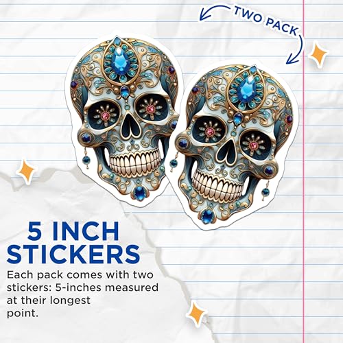 (2 Pack) Sugar Skull Stickers - Day of The Dead - Colorful Skull Decals - 5" On Longest Side - Sticks to Smooth Flat Surfaces - Made in USA - BMCS8603 - BMCS8603
