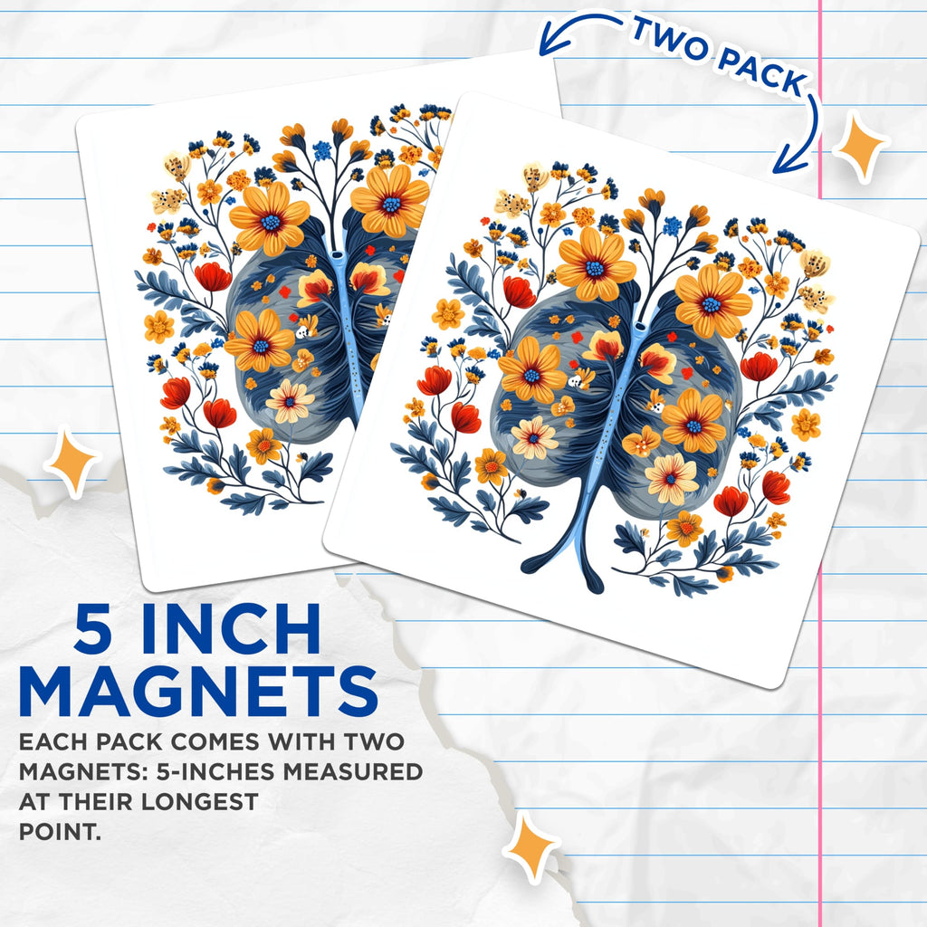 (2 Pack) Artistic Floral Lungs Magnets - Vibrant Botanical Human Anatomy Art - Aesthetic Wellness Decor for Kitchen Fridge - 5 Inches On Longest Side - Thick Durable Magnet - Made in USA - MAG24776