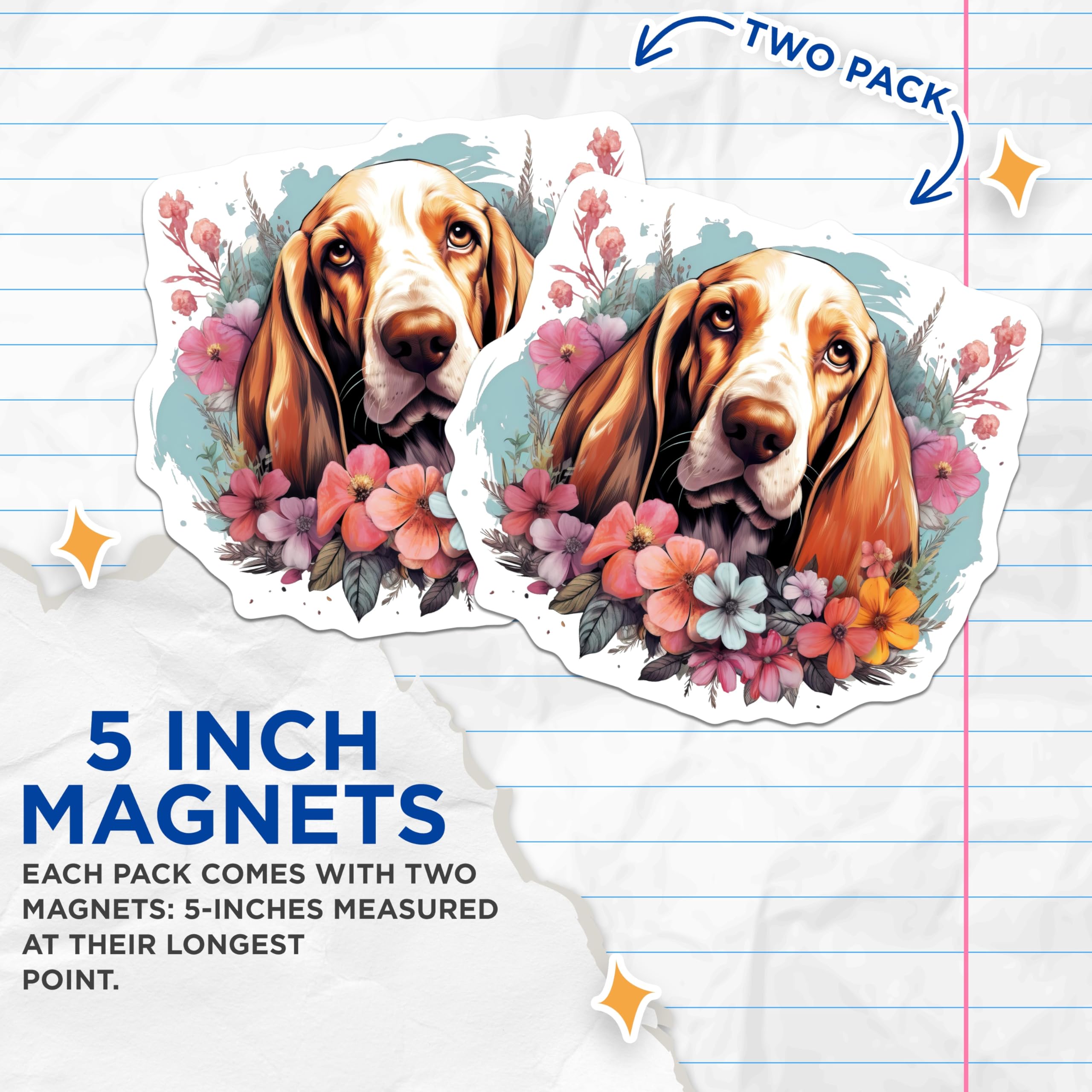 (2 Pack) Basset Hound Dog Magnets - Floral Pet Portrait - Animal Lover Fridge Decor - 5 Inches On Longest Side - Thick Durable Magnet - Made in USA - MAG28859