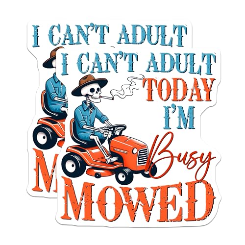 (2 Pack) I Can't Adult Today Stickers - Funny Skeleton Mowed - Humorous Yard Work - 5" On Longest Side - Sticks to Smooth Flat Surfaces - Made in USA - BMCS7486