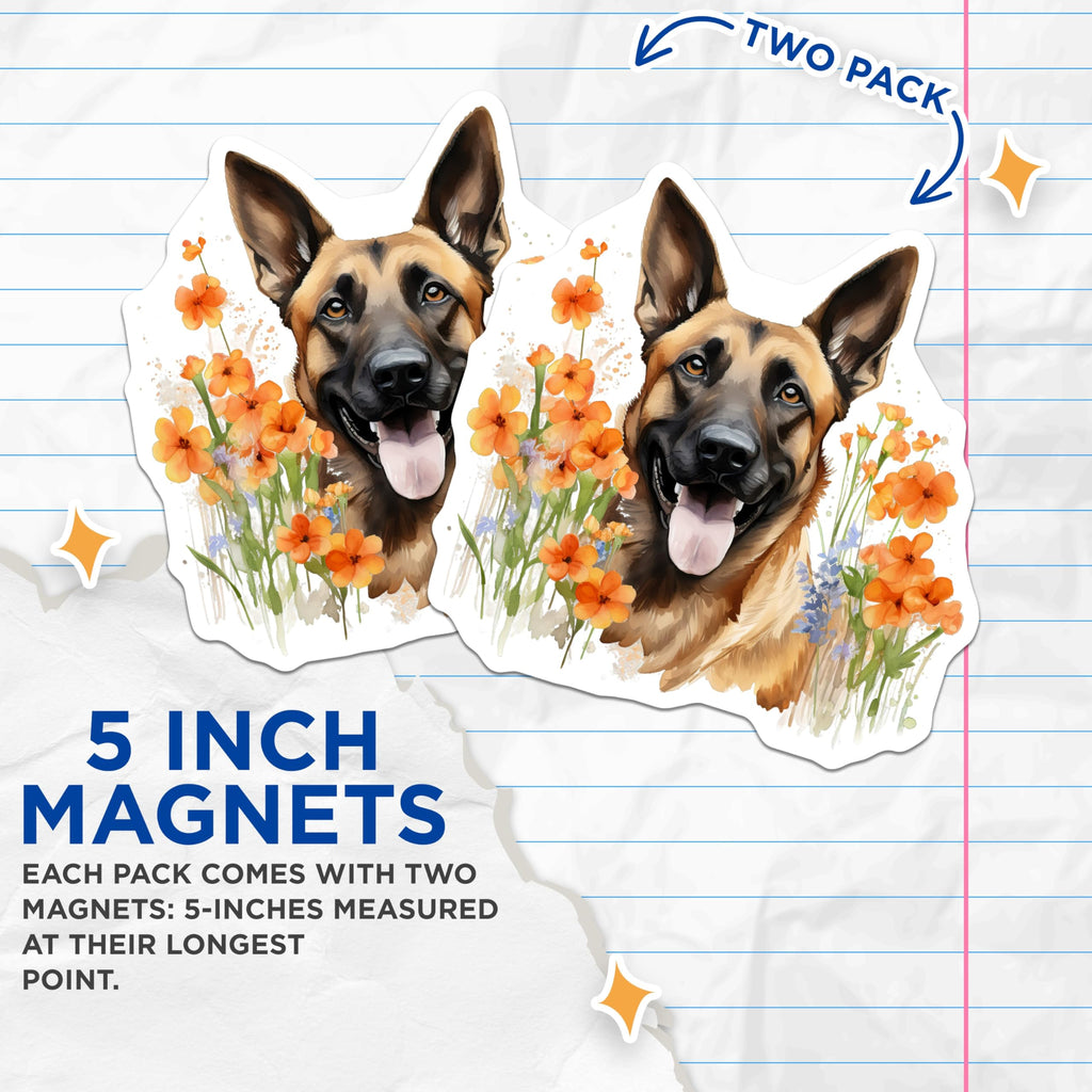 (2 Pack) German Shepherd Magnets - Happy Dog Art - Floral Pet Decor - 5 Inches On Longest Side - Thick Durable Magnet - Made in USA - MAG26376