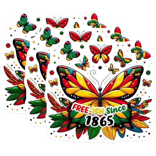 (3 Pack) Butterfly Juneteenth Decals - Free-ish Since 1865 - Colorful Laptop Decal - 3 Inches On Longest Side - Easy Peel & Apply - Made in USA - 3MCS6121