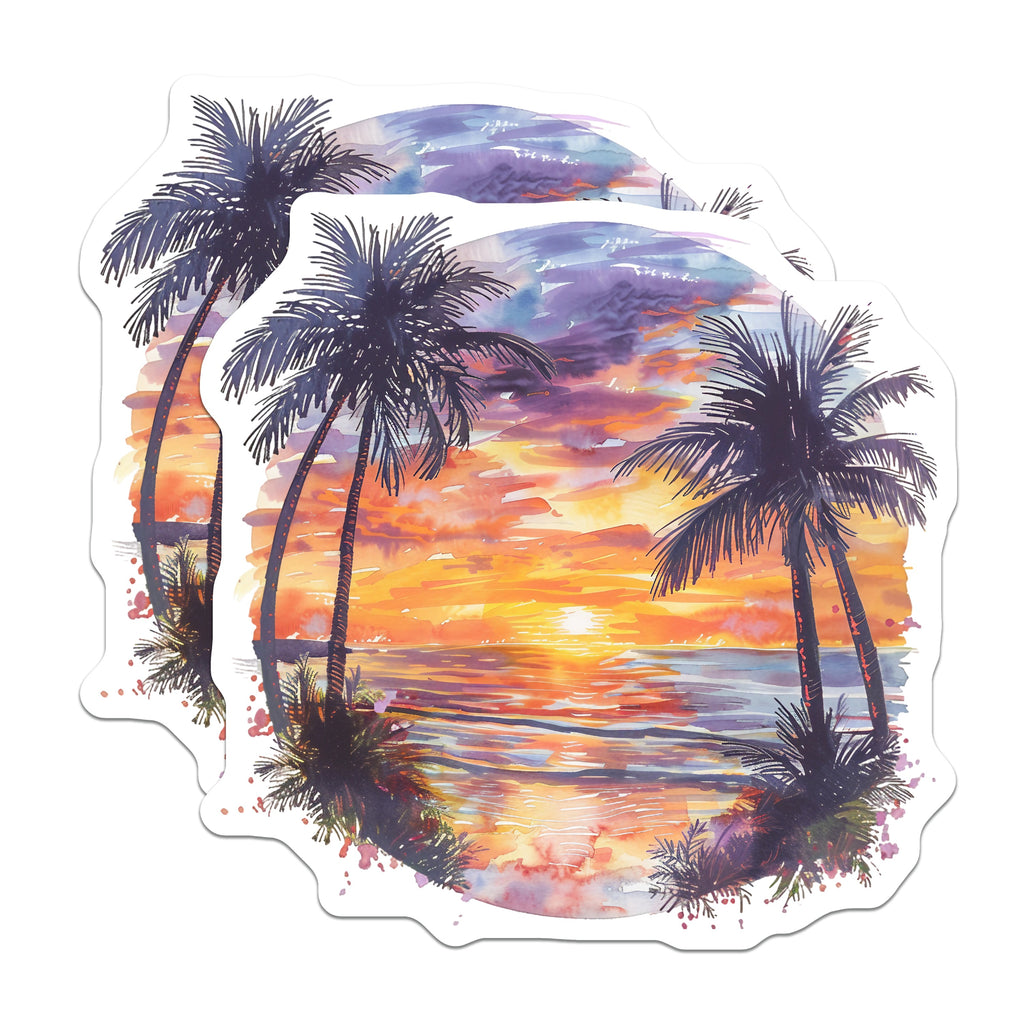 (2 Pack) Tropical Sunset Beach Magnets - Palm Tree Ocean Vacation Decor - Watercolor Coastal Aesthetic Fridge Art - 5 Inches On Longest Side - Thick Durable Magnet - Made in USA - MAG39595