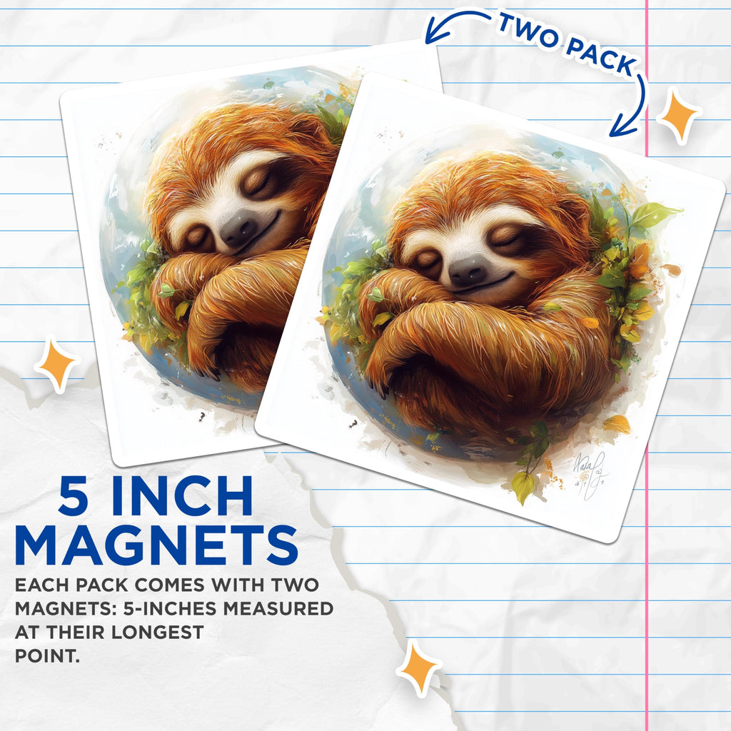 (2 Pack) Cute Sloth Magnets - Sleeping Animal Refrigerator Decor - Aesthetic Sloth Lover Presents - 5 Inches On Longest Side - Thick Durable Magnet - Made in USA - MAG26696