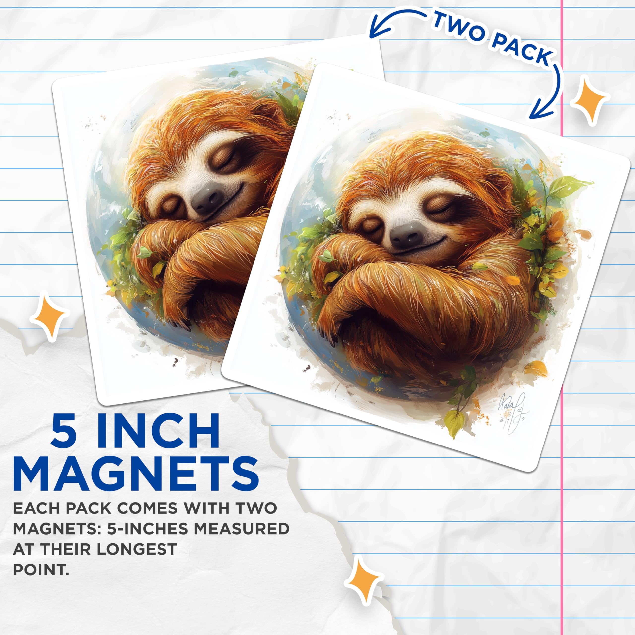 (2 Pack) Cute Sloth Magnets - Sleeping Animal Refrigerator Decor - Aesthetic Sloth Lover Presents - 5 Inches On Longest Side - Thick Durable Magnet - Made in USA - MAG26696