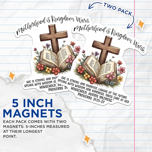 (2 Pack) Inspirational Bible Verse Magnet - Proverbs 31:25 - Floral Design - 5" On Longest Side - Sticks to Smooth Flat Surfaces - Made in USA - MAG9869