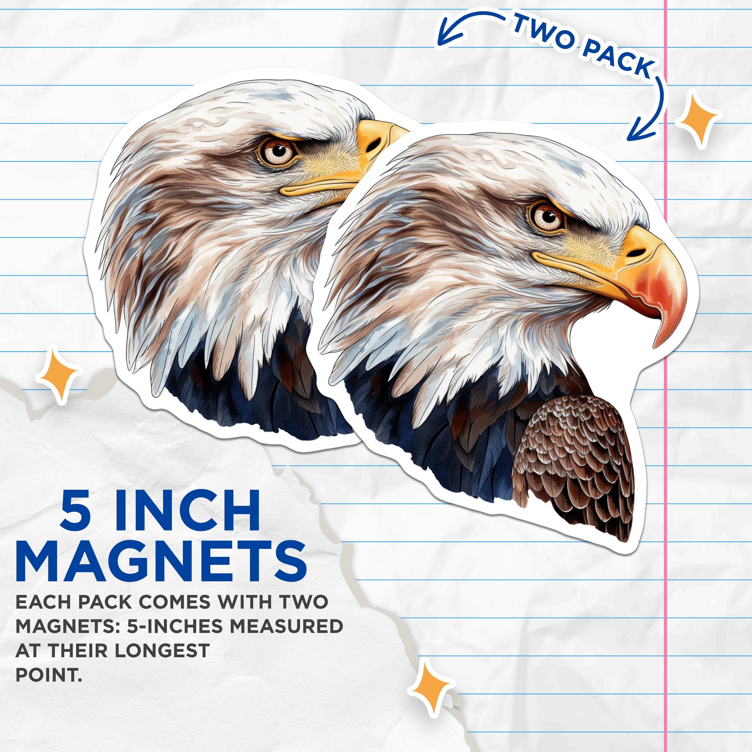 (2 Pack) Bald Eagle Head Magnets - American Wildlife Decor - Patriotic USA Symbol - Refrigerator Accessory - 5 Inches On Longest Side - Thick Durable Magnet - Made in USA - MAG39570