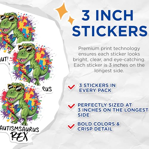 (3 Pack) Autism Awareness Decals - Autism T Rex - Autism Puzzle Heart - 3 Inches On Longest Side - Easy Peel & Apply - Made in USA - 3MCS7184