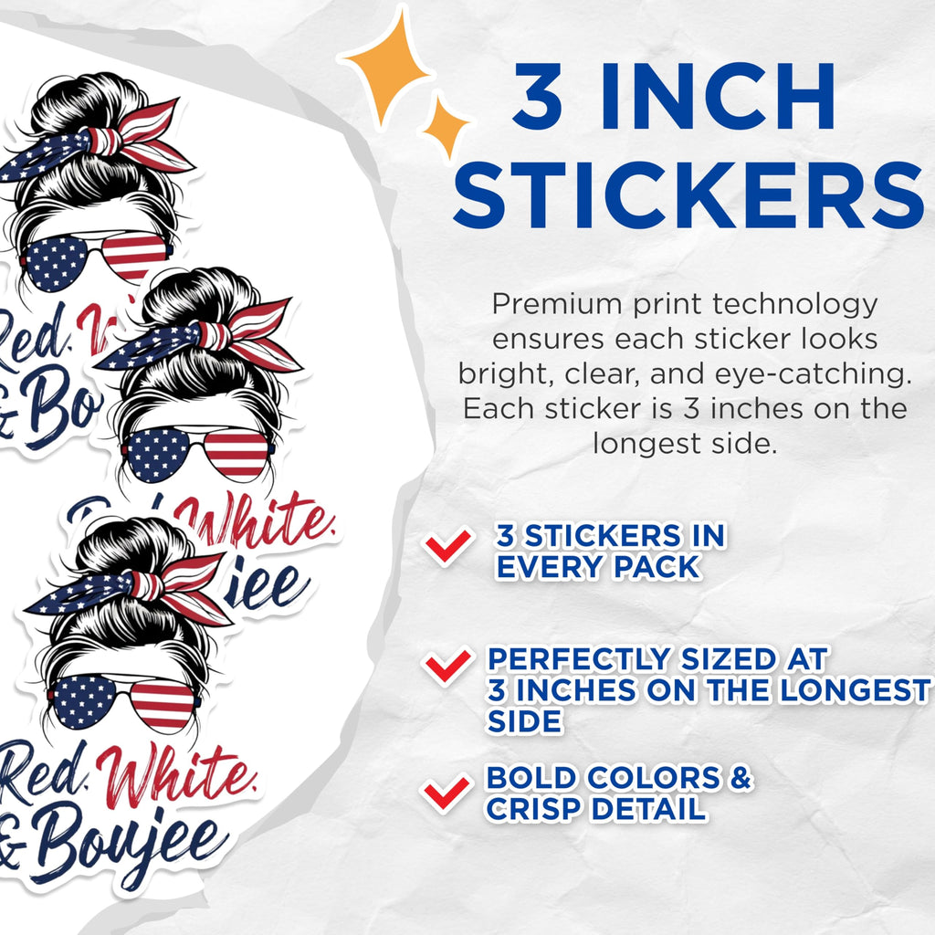 (3 Pack) Red White and Boujee Decals - Patriotic Messy Bun Decal - Laptop Decals - 3 Inches On Longest Side - Easy Peel & Apply - Made in USA - 3MCS0593