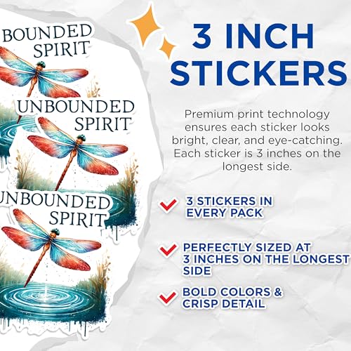 (3 Pack) Dragonfly Decals - Unbounded Spirit Sticker - Laptop Decal - 3 Inches On Longest Side - Easy Peel & Apply - Made in USA - 3MCS1515