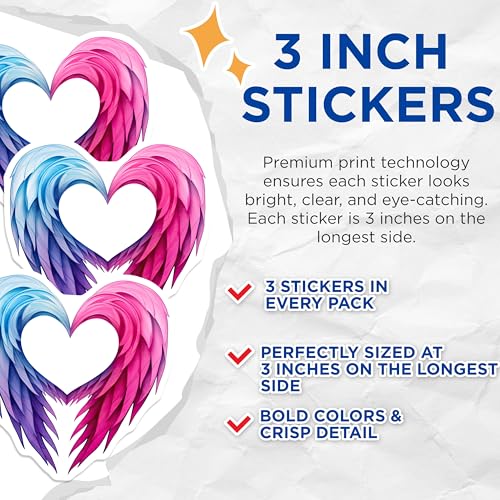 (3 Pack) Heart Wings Decals - Angel Wings Decals - Love Heart Sticker - 3 Inches On Longest Side - Easy Peel & Apply - Made in USA - 3MCS6045
