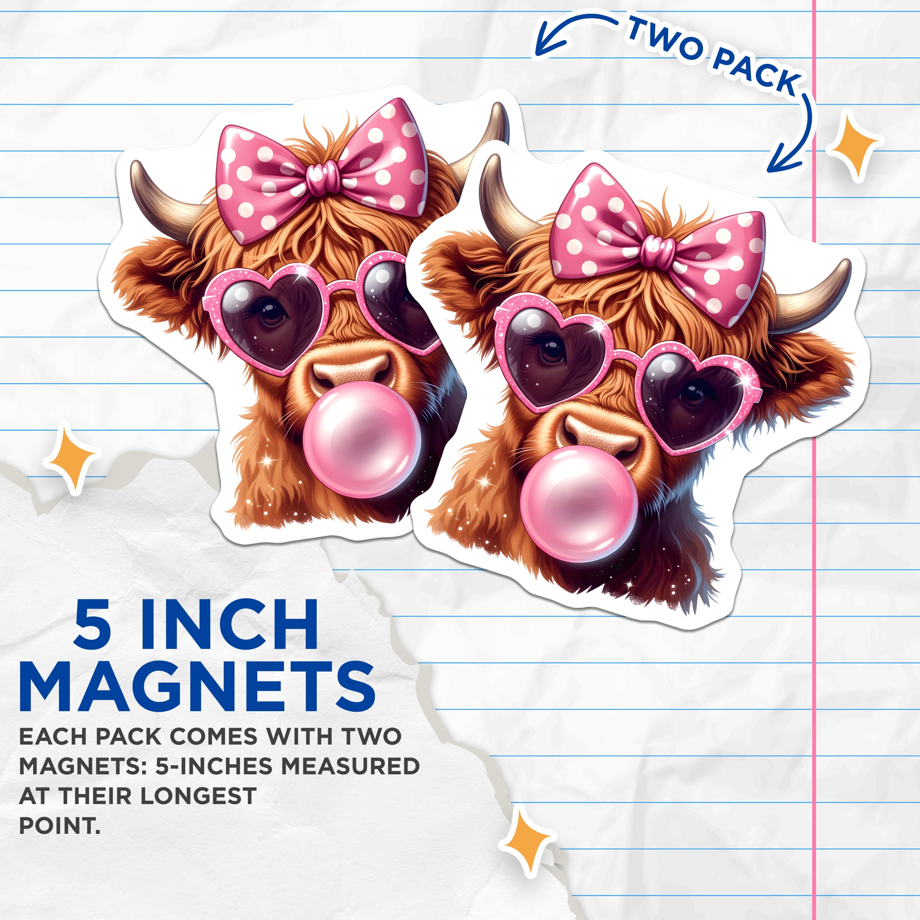 (2 Pack) Highland Cow Magnets - Cute Pink Bow Bubble Gum Fridge Decor - Funny Animal Lover Accessory - 5 Inches On Longest Side - Thick Durable Magnet - Made in USA - MAG38436