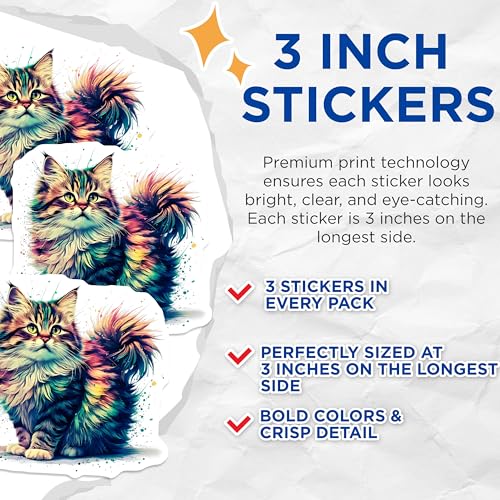 (3 Pack) Maine Coon Cat Decals - Colorful Cat Art - Laptop Decals - 3 Inches On Longest Side - Easy Peel & Apply - Made in USA - 3MCS2159