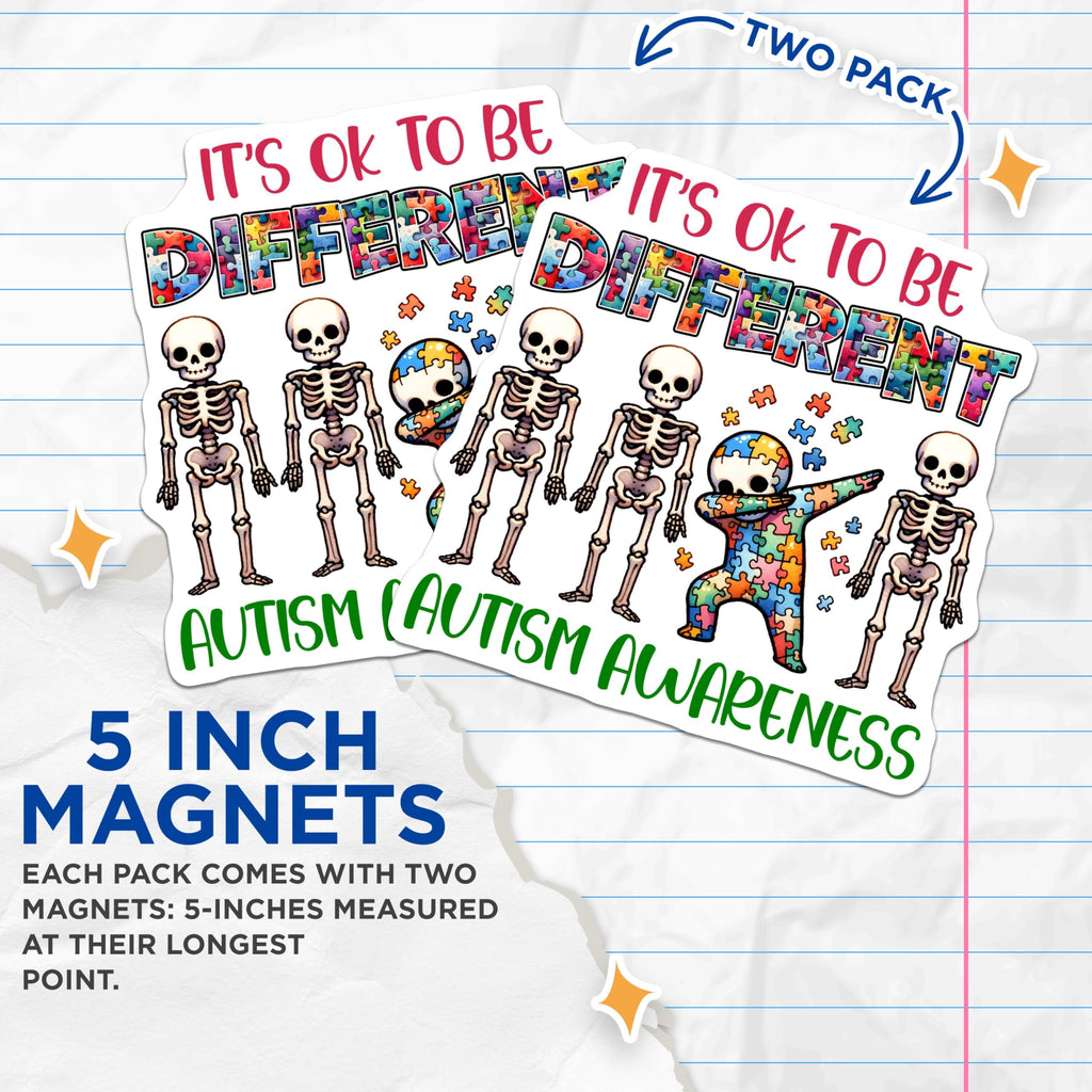 (2 Pack) Autism Awareness Magnets - It's OK to be Different - Puzzle Piece Skeletons Decor - 5" On Longest Side - for Cars, Fridges, Toolboxes - Made in USA - MAG8134