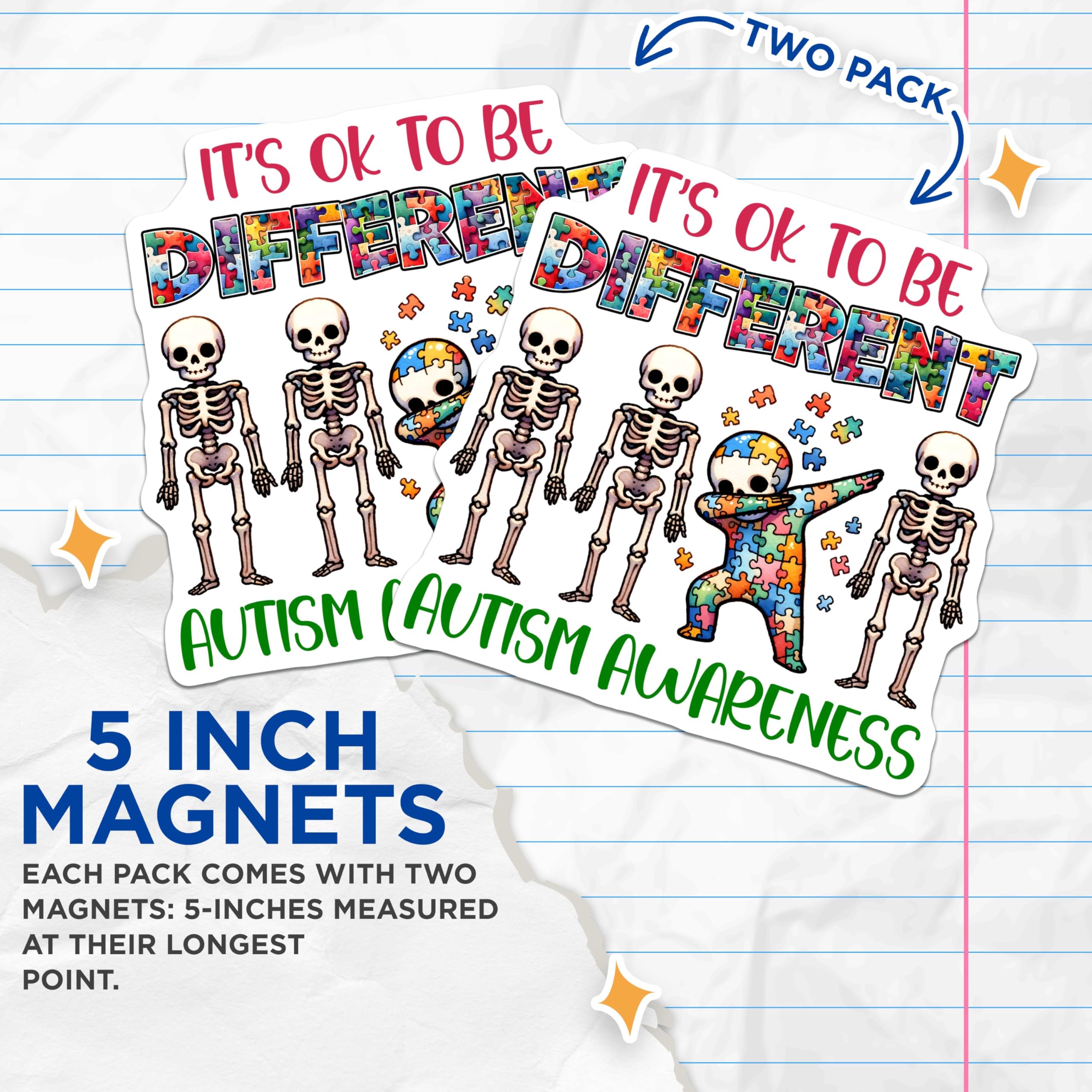 (2 Pack) Autism Awareness Magnets - It's OK to be Different - Puzzle Piece Skeletons Decor - 5" On Longest Side - for Cars, Fridges, Toolboxes - Made in USA - MAG8134