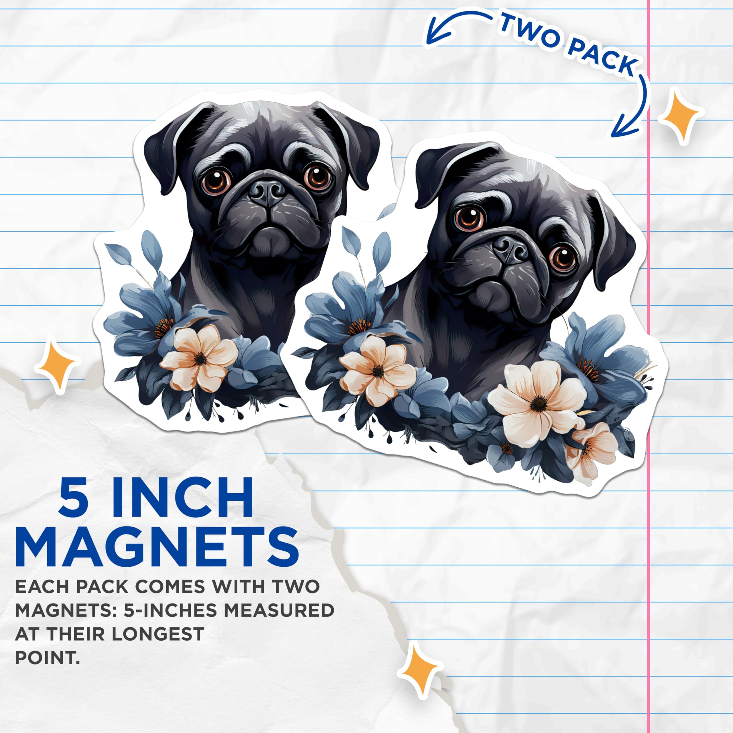 (2 Pack) Black Pug Floral Magnets - Dog Mom Decor Accessory - Cute Pet Lover Animal Art Fridge Magnets - 5 Inches On Longest Side - Thick Durable Magnet - Made in USA - MAG27881
