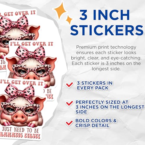 (3 Pack) Sassy Pig Decals - Funny Pig with Glasses - Dramatic Pig Decal - 3 Inches On Longest Side - Easy Peel & Apply - Made in USA - 3MCS6705