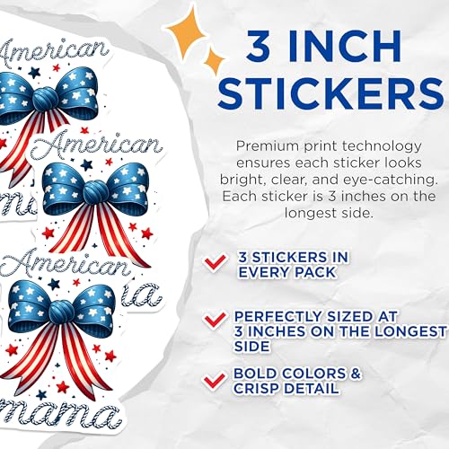 (3 Pack) American Mama Decals - Patriotic Bow Decal - USA Pride Mom - 3 Inches On Longest Side - Easy Peel & Apply - Made in USA - 3MCS6203