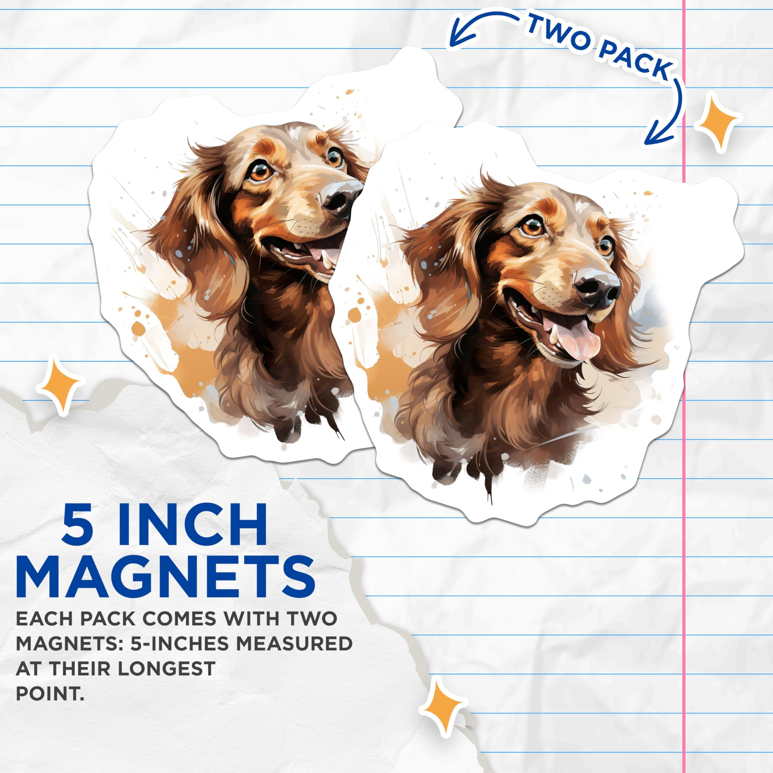(2 Pack) Long Haired Dachshund Magnets - Happy Brown Wiener Dog Art - Pet Parent Refrigerator Locker Decor - 5 Inches On Longest Side - Thick Durable Magnet - Made in USA - MAG26379