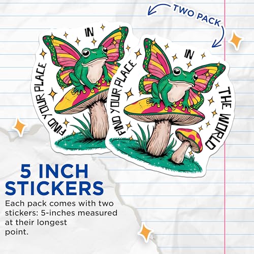 (2 Pack) Find Your Place in The World Stickers - Frog and Mushroom Stickers - Whimsical Nature Stickers - 5" On Longest Side - Sticks to Smooth Flat Surfaces - Made in USA - BMCS3767