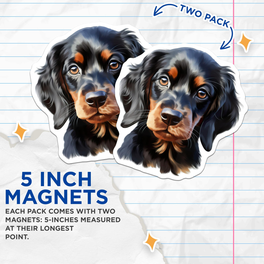 (2 Pack) Black Tan Dog Magnets - Gordon Setter Puppy Art - Spaniel Breed Decor - Pet Lover Fridge Magnet - Cute Dog Portrait - 5 Inches On Longest Side - Thick Durable Magnet - Made in USA - MAG25723