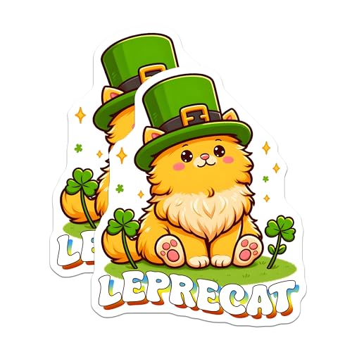 (2 Pack) Leprechaun Cat Stickers - Cute Cat with Hat - St. Patrick's Day Decoration - 5" On Longest Side - Sticks to Smooth Flat Surfaces - Made in USA - BMCS8110