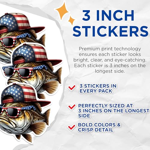 (3 Pack) Fish with American Flag Decals - Patriotic Bass - Fishing Lover Decal - 3 Inches On Longest Side - Easy Peel & Apply - Made in USA - 3MCS0261